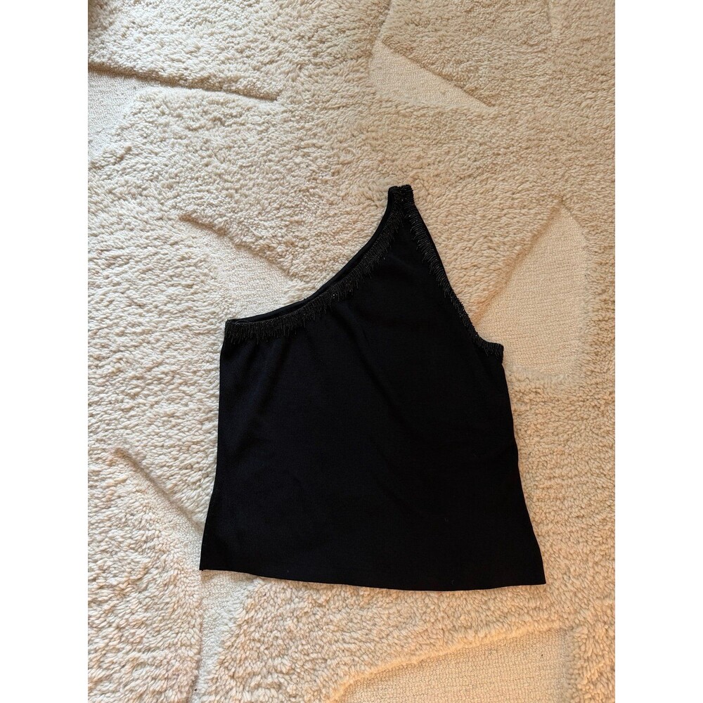 Carmen Marc Valvo Black One Shoulder Asymmetric Ribbed Knit Beaded Fringe Top M